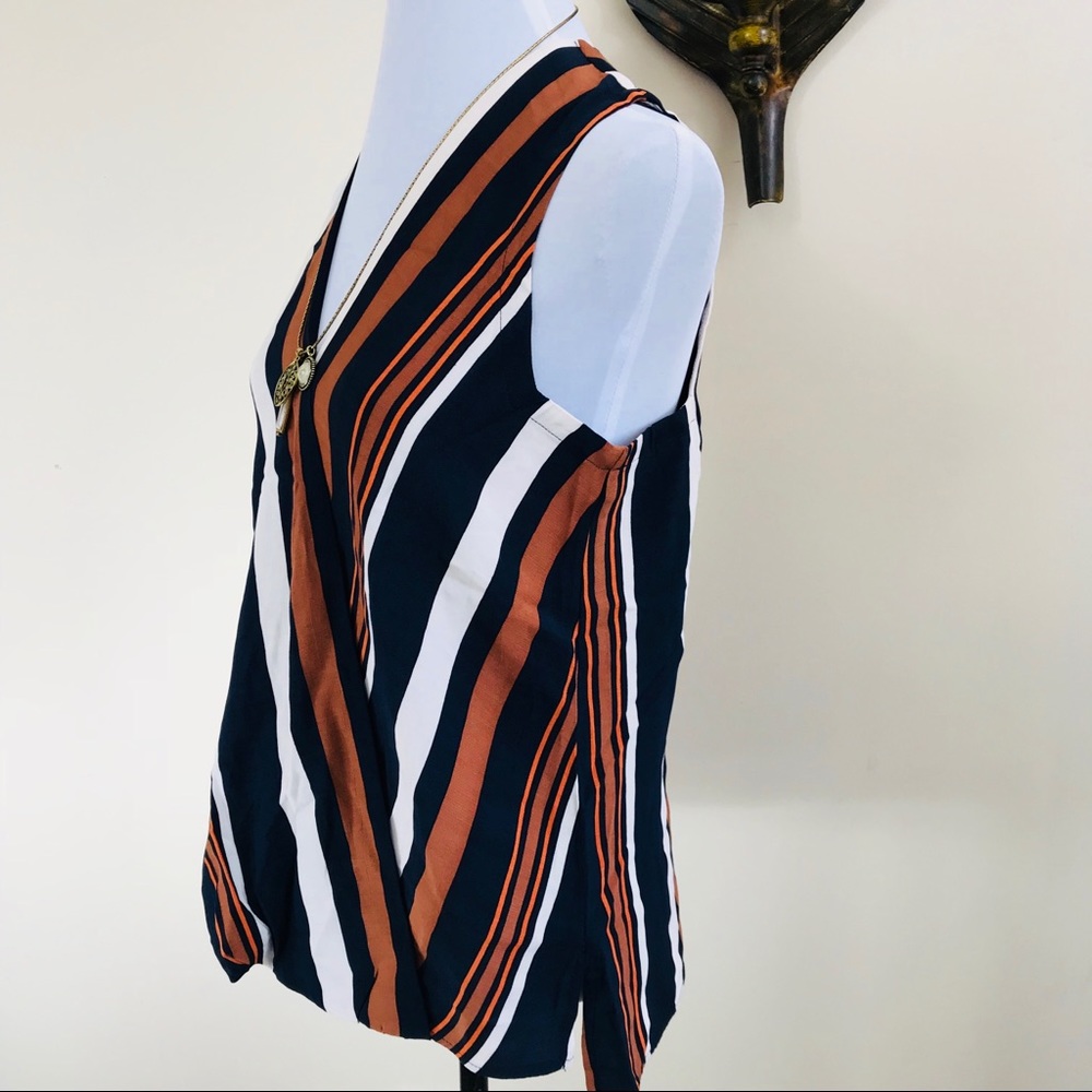 TopShop Draped Sleeveless Striped Navy/Camel Top - Picture 6 of 8